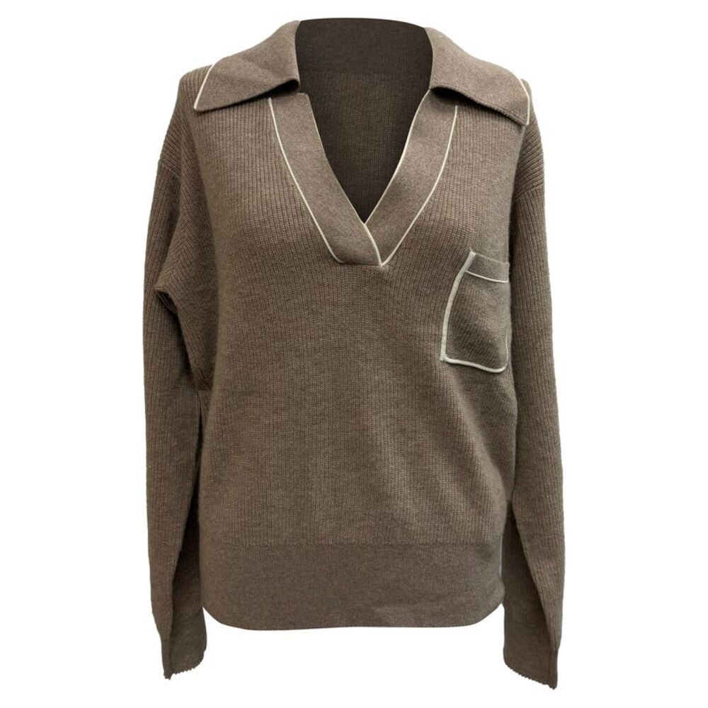 Sandro Knitted Collared Sweater in Brown Wool
